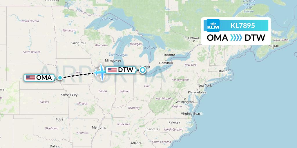 KL7895 KLM Flight Map: Omaha to Detroit
