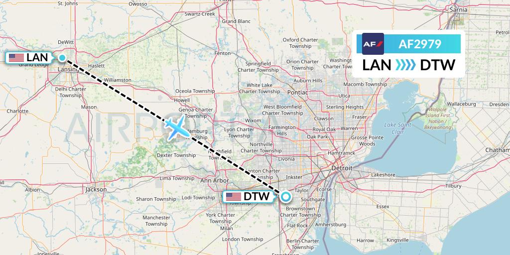 AF2979 Air France Flight Map: Lansing to Detroit