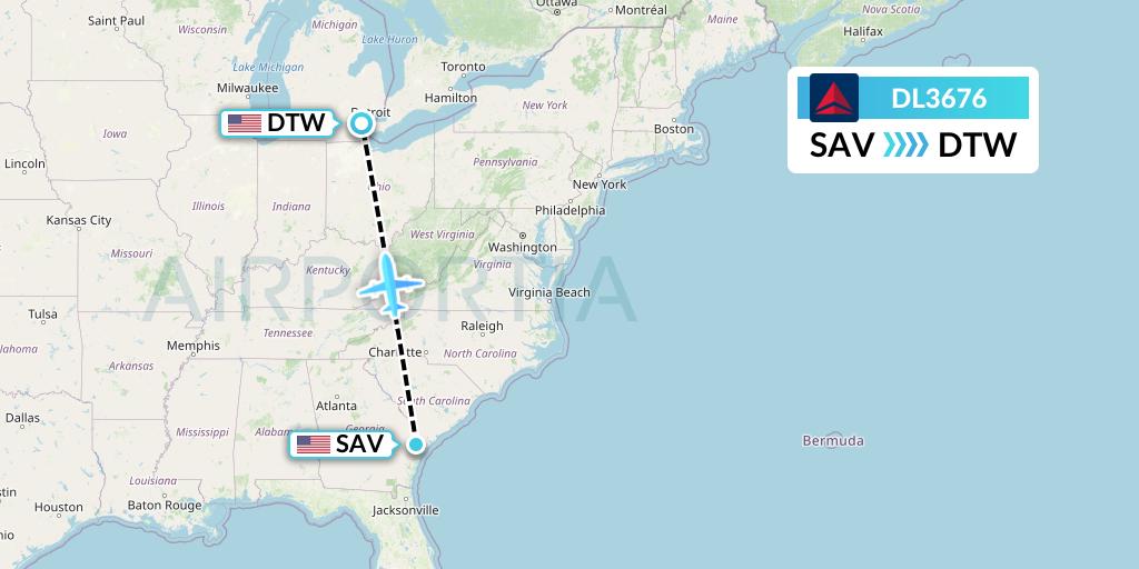 DL3676 Delta Air Lines Flight Map: Savannah to Detroit