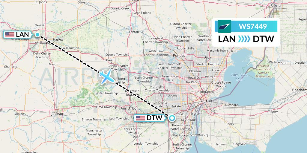WS7449 WestJet Flight Map: Lansing to Detroit