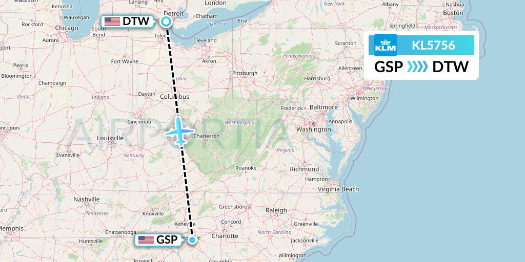 KL5756 KLM Flight Map: Greenville-Spartanburg to Detroit