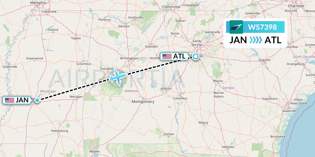 WS7398 WestJet Flight Map: Jackson to Atlanta