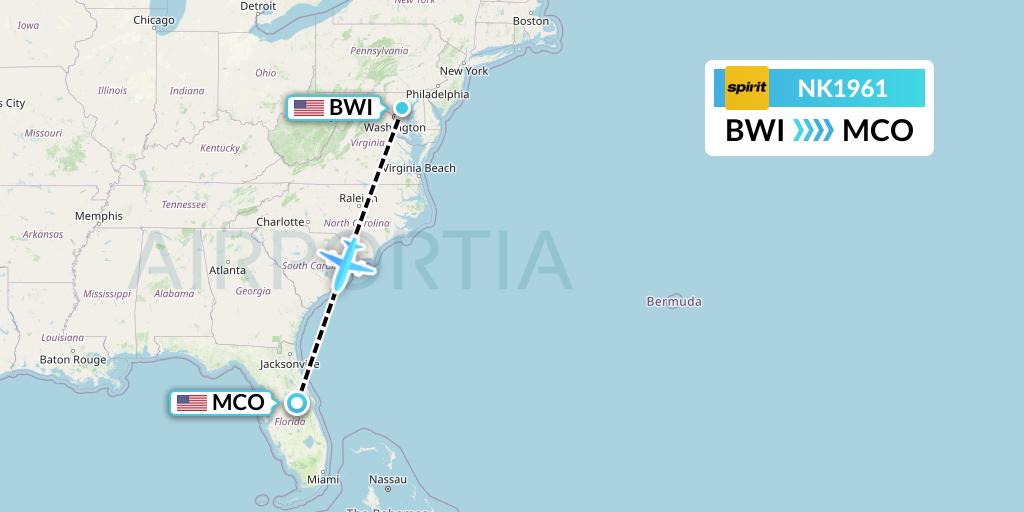 NK1961 Spirit Airlines Flight Map: Baltimore to Orlando