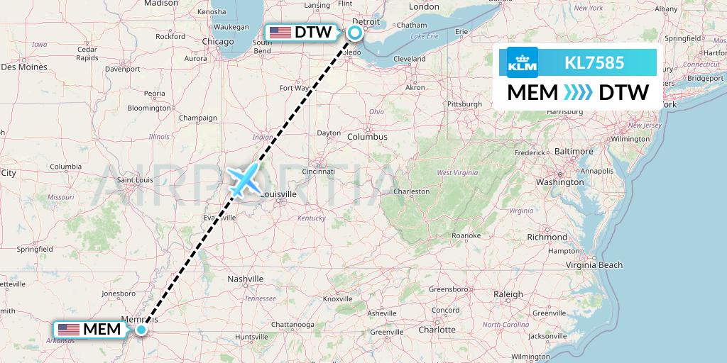 KL7585 KLM Flight Map: Memphis to Detroit