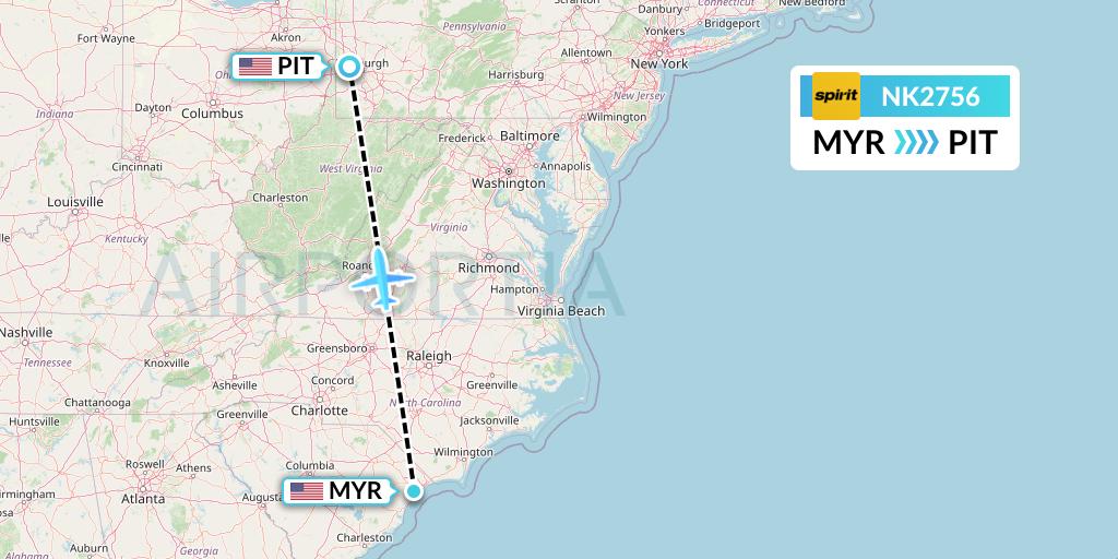 NK2756 Spirit Airlines Flight Map: Myrtle Beach to Pittsburgh