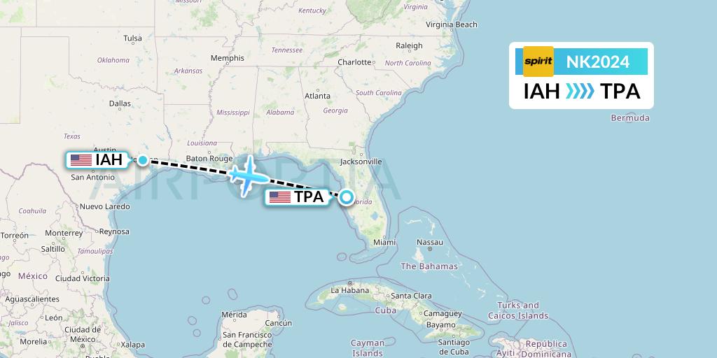 NK2024 Spirit Airlines Flight Map: Houston to Tampa