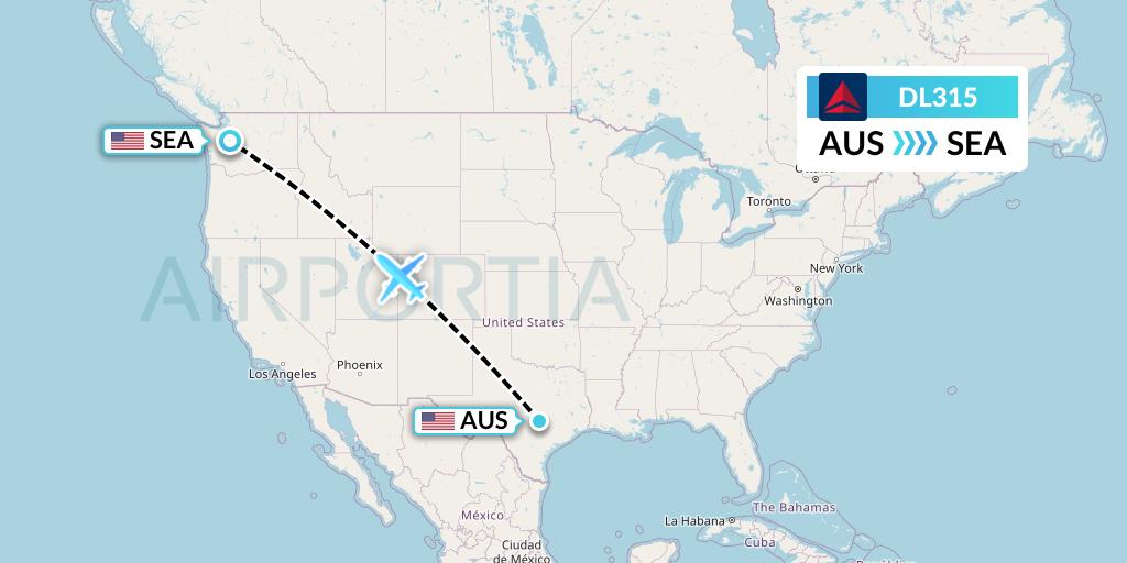 DL315 Delta Air Lines Flight Map: Austin to Seattle