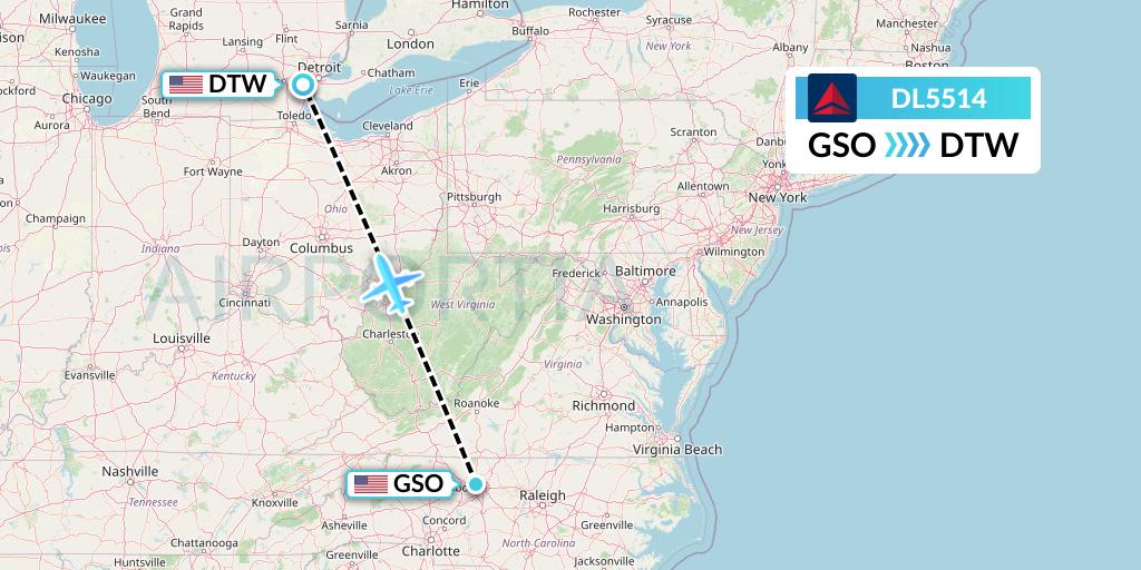 DL5514 Delta Air Lines Flight Map: Greensboro to Detroit