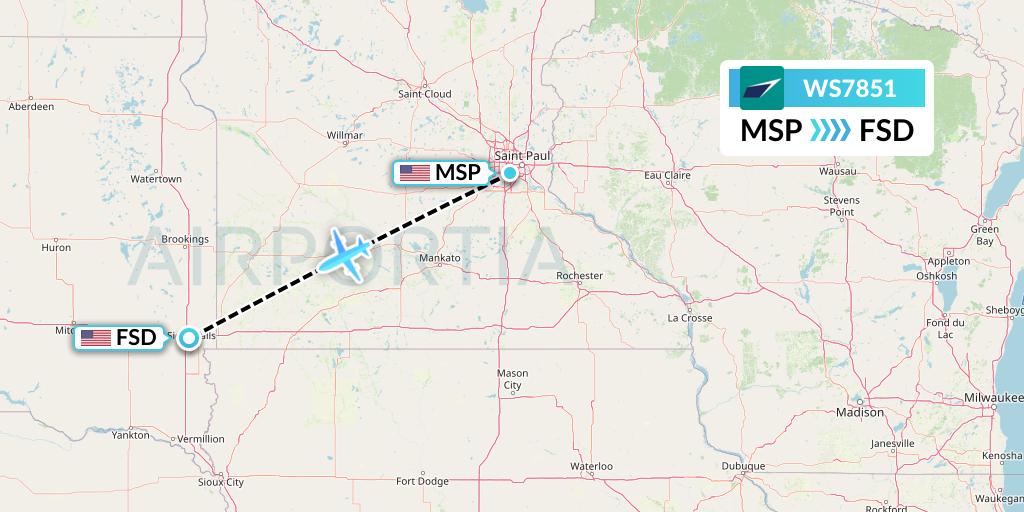 WS7851 WestJet Flight Map: Minneapolis to Sioux Falls