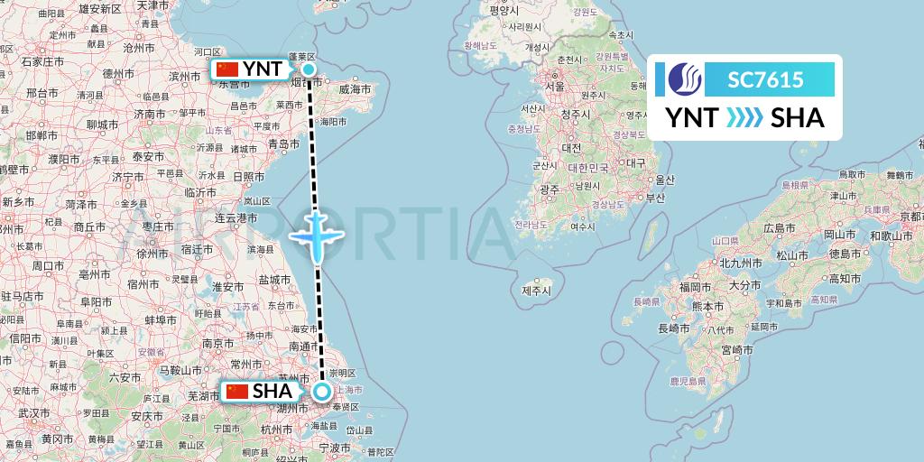 SC7615 Shandong Airlines Flight Map: Yantai to Shanghai