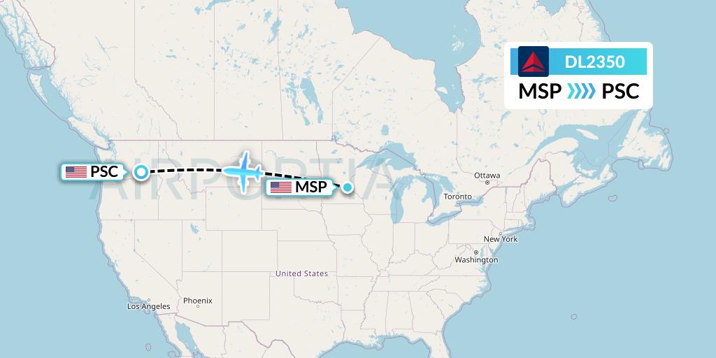 DL2350 Delta Air Lines Flight Map: Minneapolis to Pasco