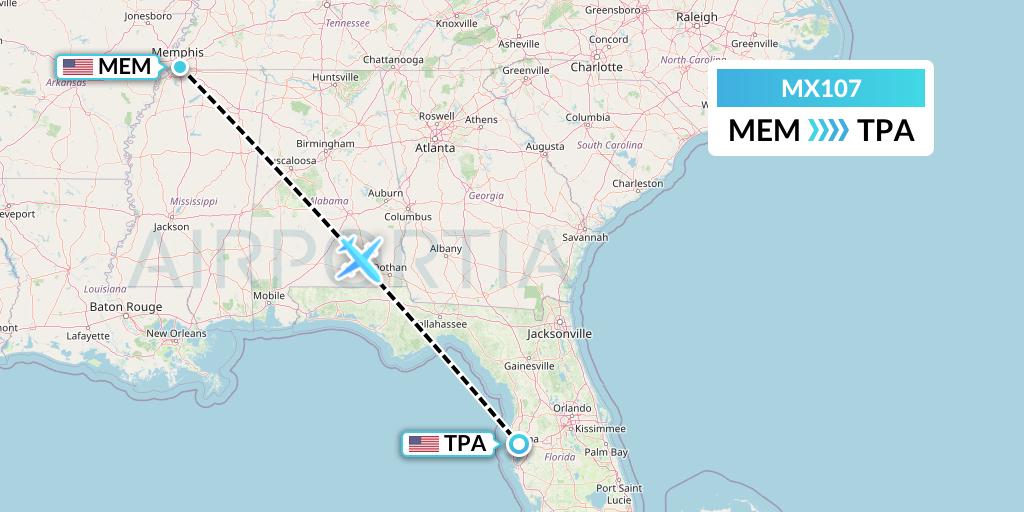 MX107 Breeze Airways Flight Map: Memphis to Tampa