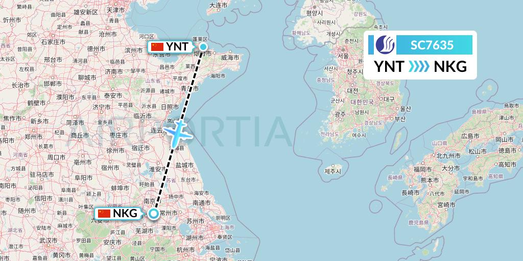 SC7635 Shandong Airlines Flight Map: Yantai to Nanjing