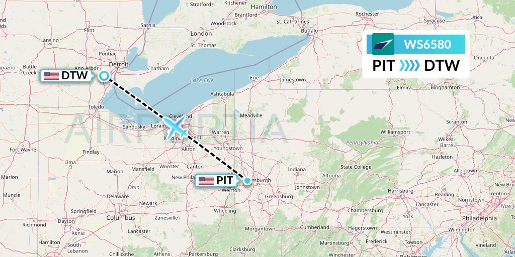 WS6580 WestJet Flight Map: Pittsburgh to Detroit