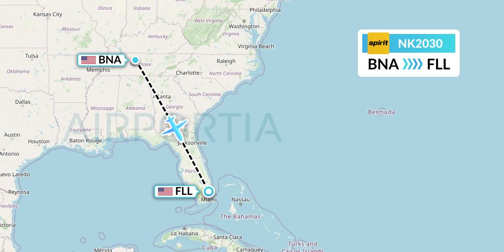 NK2030 Spirit Airlines Flight Map: Nashville to Fort Lauderdale