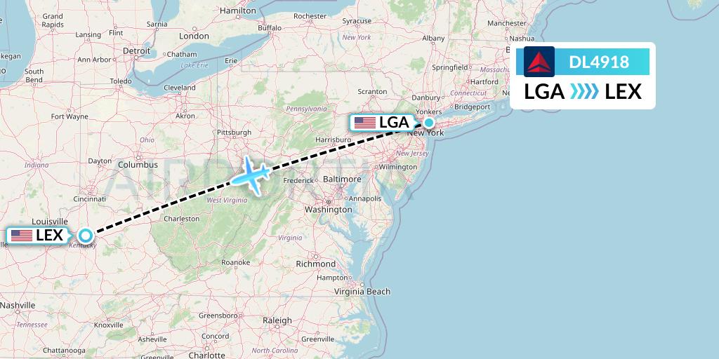 DL4918 Delta Air Lines Flight Map: New York to Lexington