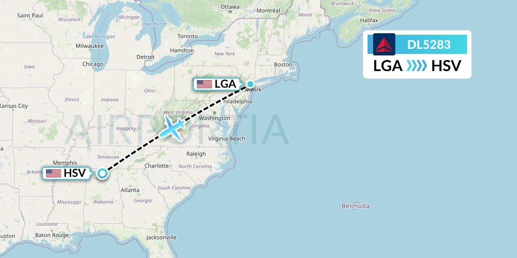 DL5283 Delta Air Lines Flight Map: New York to Huntsville