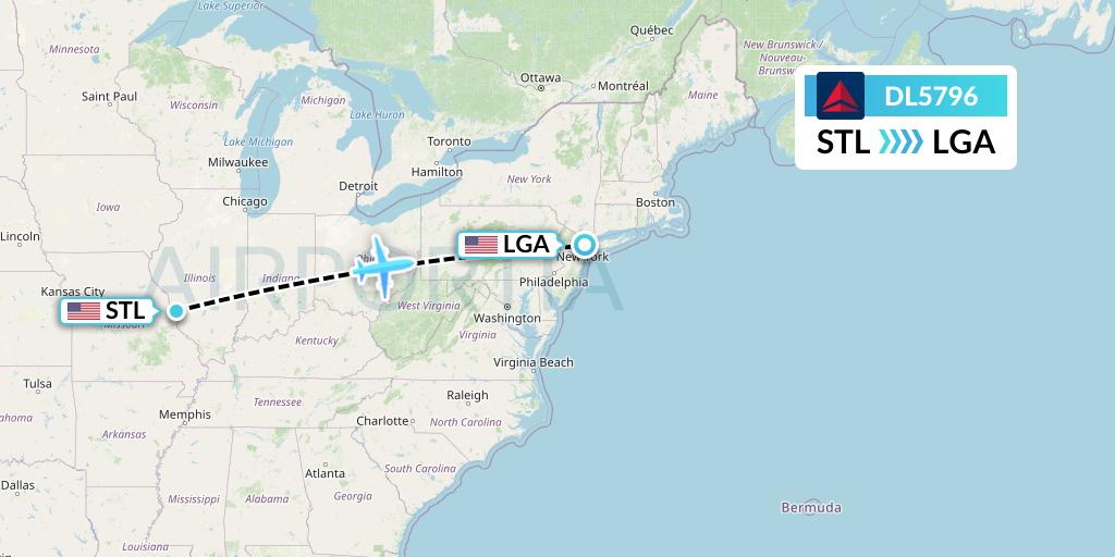 DL5796 Delta Air Lines Flight Map: St. Louis to New York