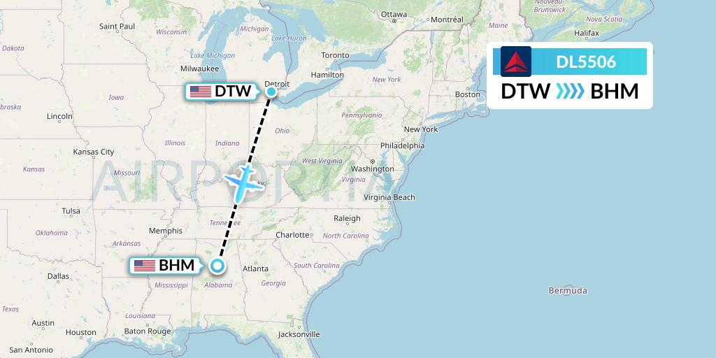 DL5506 Delta Air Lines Flight Map: Detroit to Birmingham