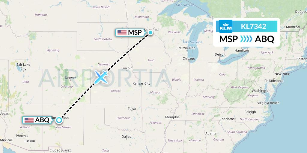 KL7342 KLM Flight Map: Minneapolis to Albuquerque