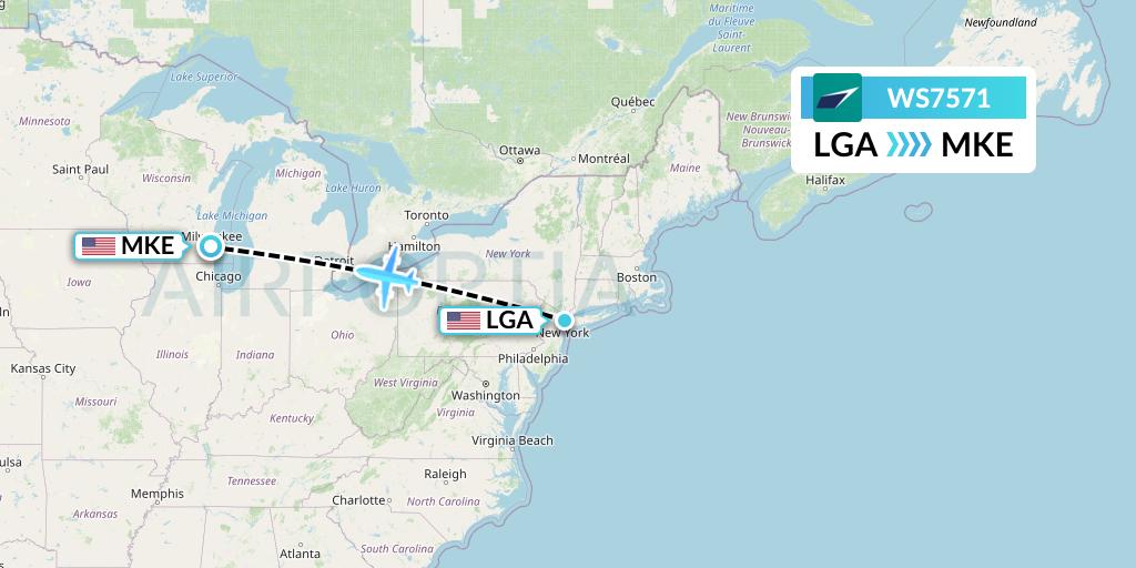 WS7571 WestJet Flight Map: New York to Milwaukee