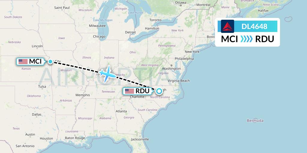 DL4648 Delta Air Lines Flight Map: Kansas City to Raleigh-Durham