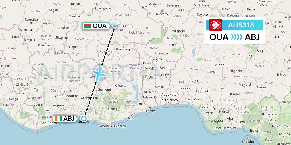 AH5318 Air Algerie Flight Map: Ouagadougou to Abidjan