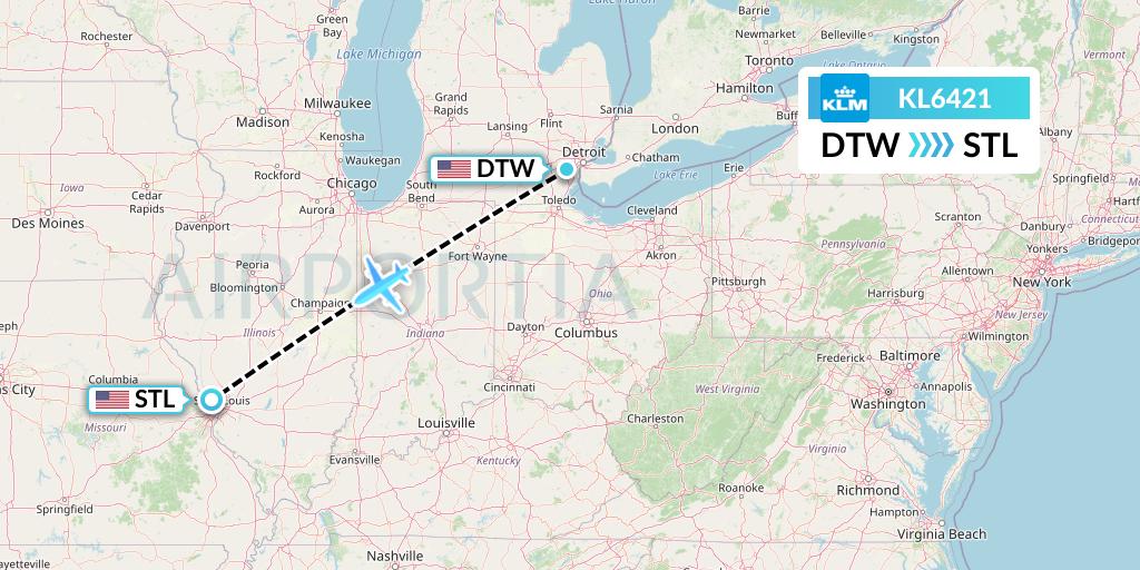 KL6421 KLM Flight Map: Detroit to St. Louis