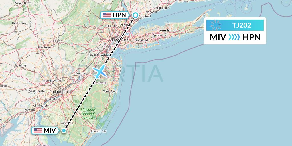 TJ202 Tradewind Aviation Flight Map: Millville to White Plains