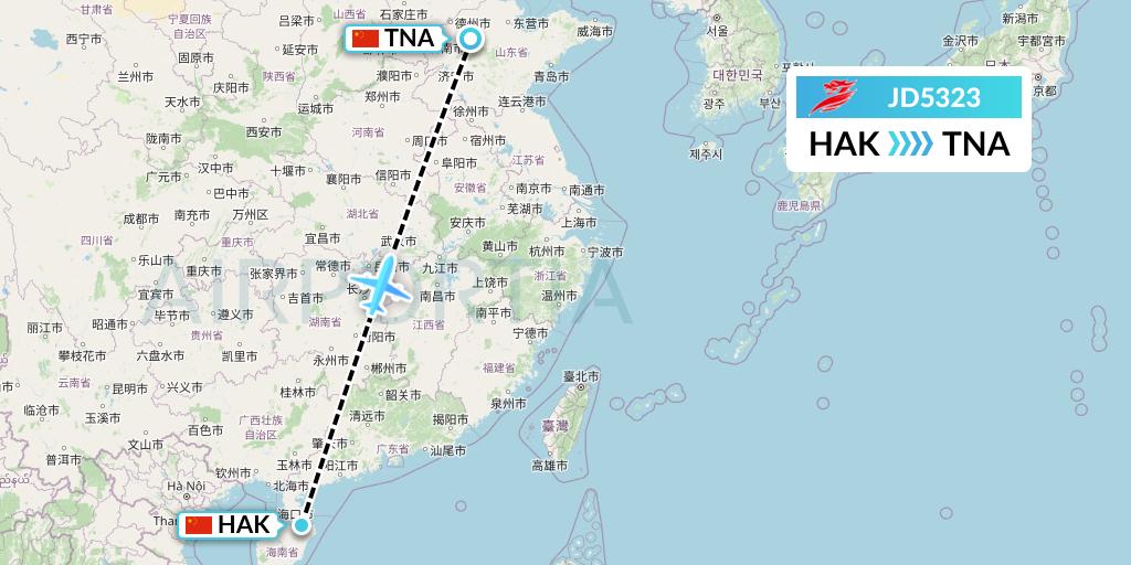 JD5323 Capital Airlines Flight Map: Haikou to Jinan