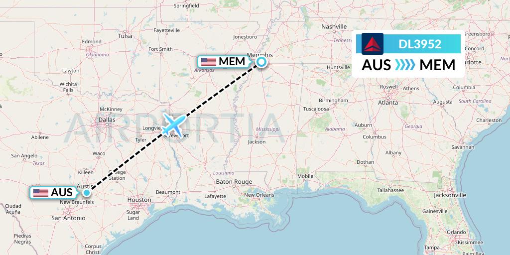 DL3952 Delta Air Lines Flight Map: Austin to Memphis