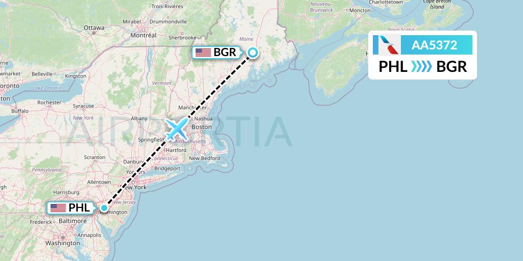AA5372 American Airlines Flight Map: Philadelphia to Bangor