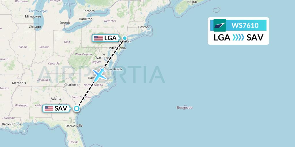 WS7610 WestJet Flight Map: New York to Savannah