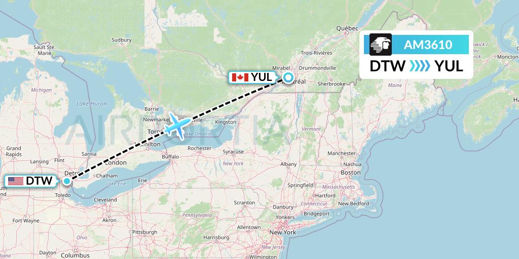 AM3610 Aeromexico Flight Map: Detroit to Montreal