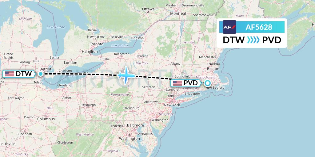 AF5628 Air France Flight Map: Detroit to Providence