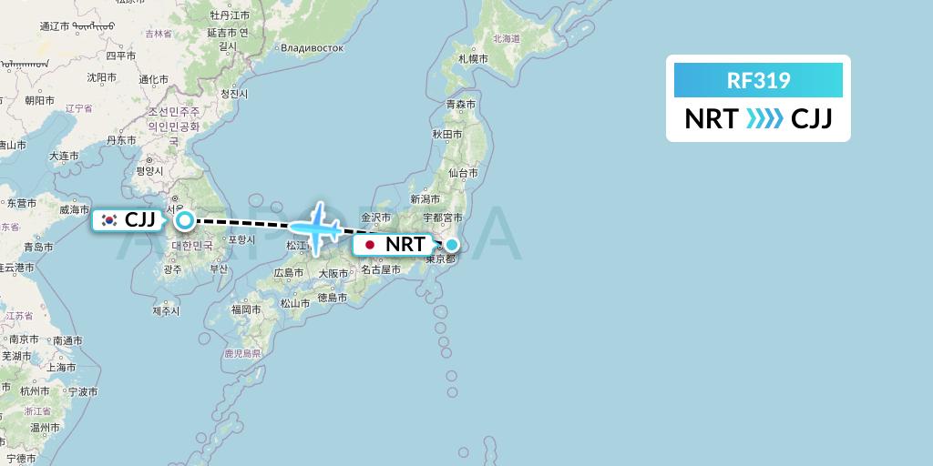 RF319 Aero K Airlines Flight Map: Tokyo to Cheongju
