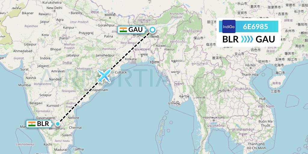 6E6985 IndiGo Airlines Flight Map: Bangalore to Guwahati