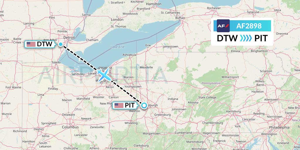 AF2898 Air France Flight Map: Detroit to Pittsburgh