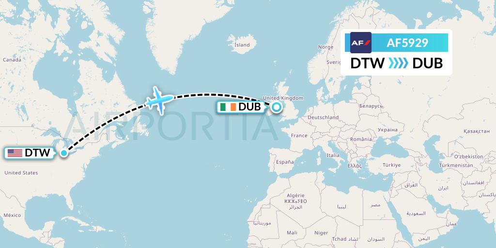 AF5929 Air France Flight Map: Detroit to Dublin