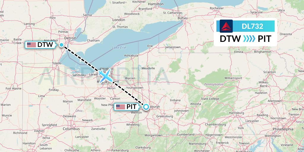 DL732 Delta Air Lines Flight Map: Detroit to Pittsburgh