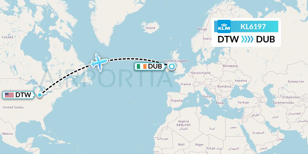 KL6197 KLM Flight Map: Detroit to Dublin
