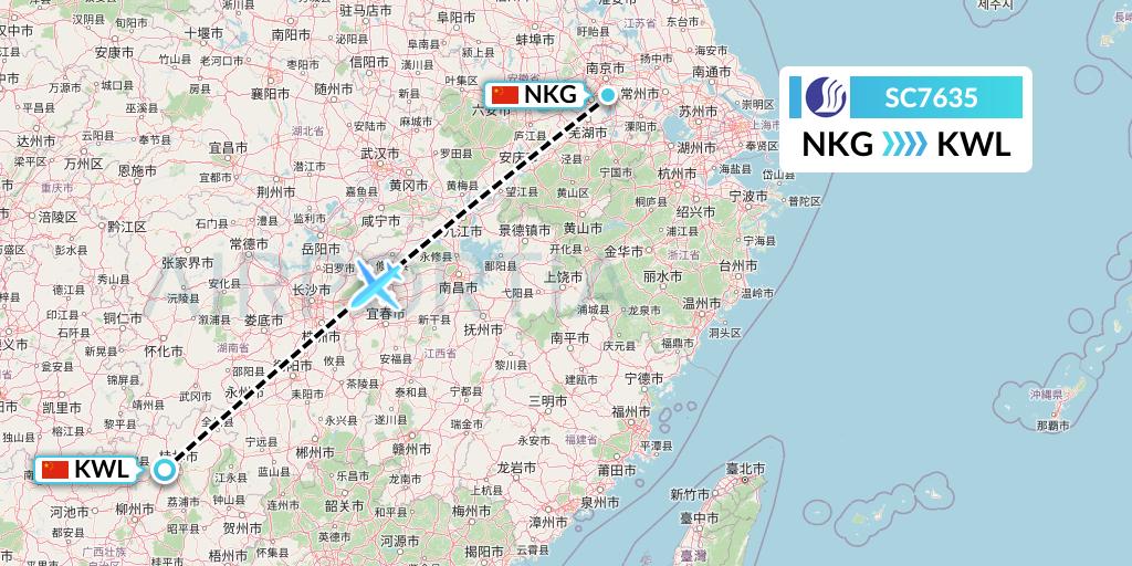SC7635 Shandong Airlines Flight Map: Nanjing to Guilin