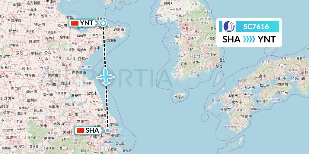 SC7616 Shandong Airlines Flight Map: Shanghai to Yantai