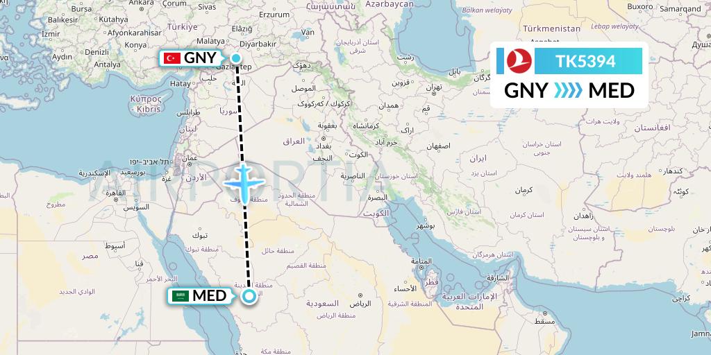 TK5394 Turkish Airlines Flight Map: Sanliurfa to Medina