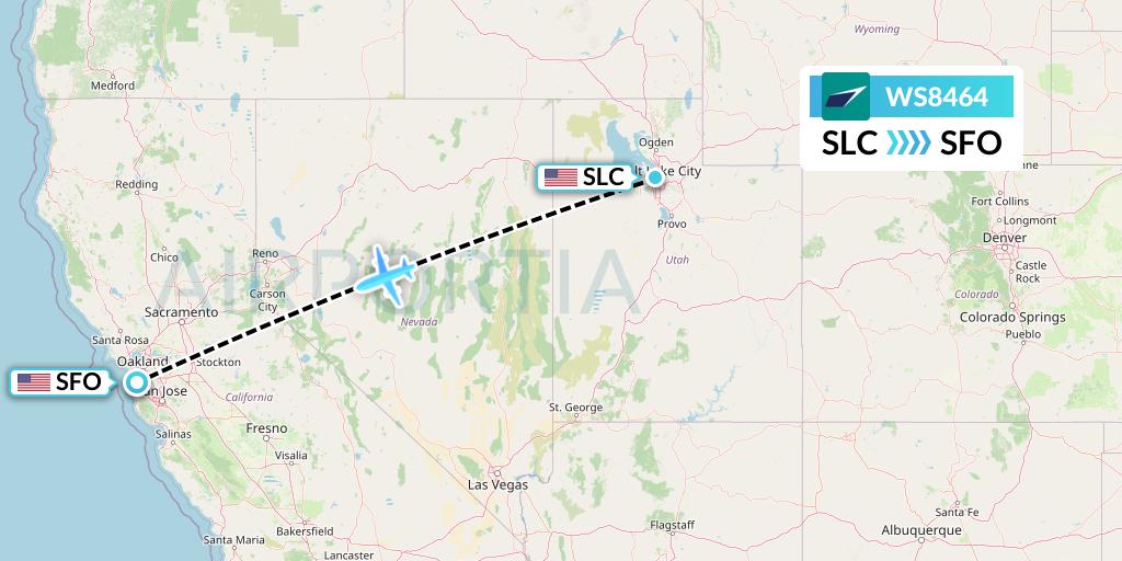 WS8464 WestJet Flight Map: Salt Lake City to San Francisco