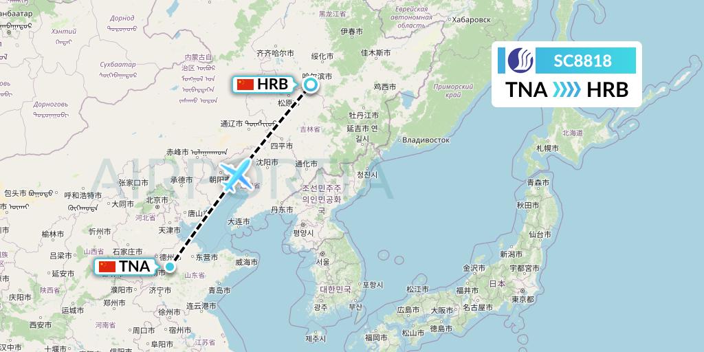 SC8818 Shandong Airlines Flight Map: Jinan to Harbin