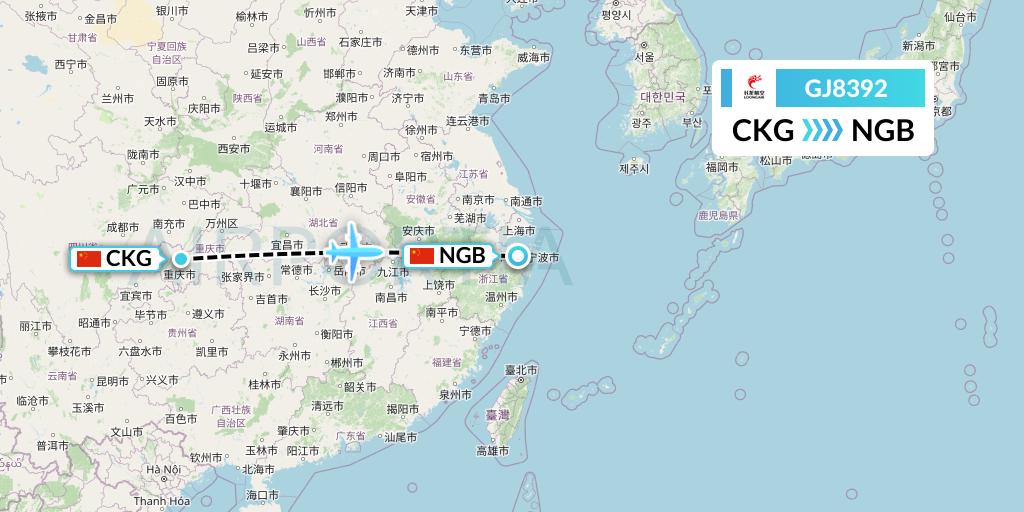 GJ8392 Loong Airlines Flight Map: Chongqing to Ningbo