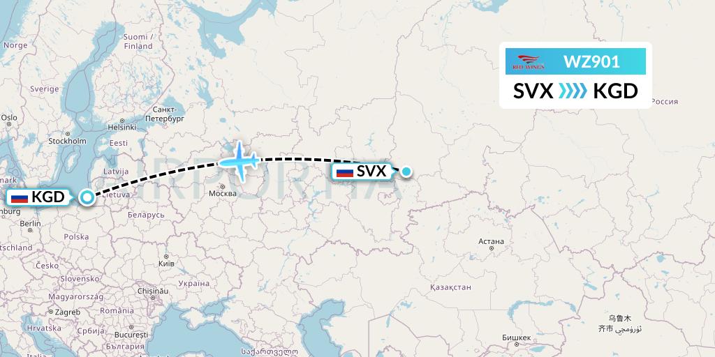 WZ901 Red Wings Flight Map: Yekaterinburg to Kaliningrad