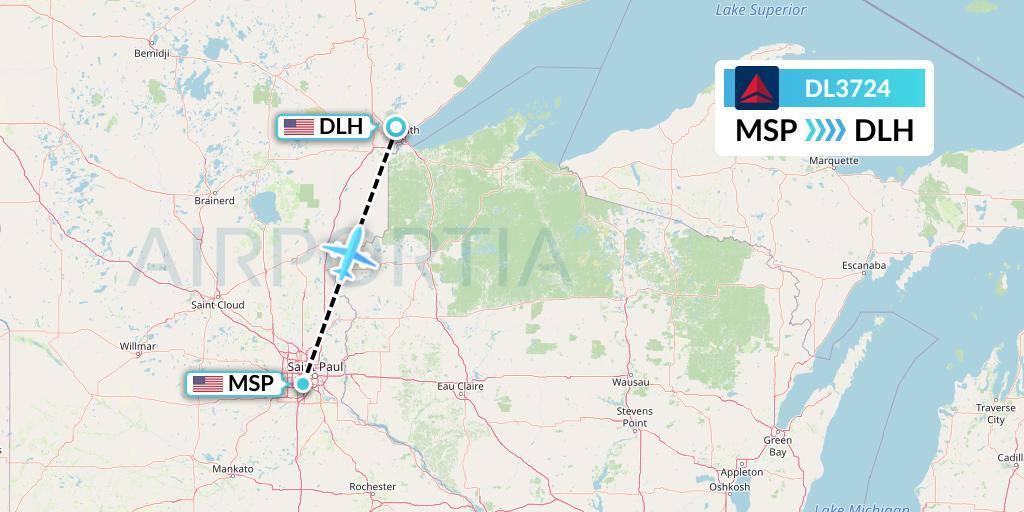 DL3724 Delta Air Lines Flight Map: Minneapolis to Duluth