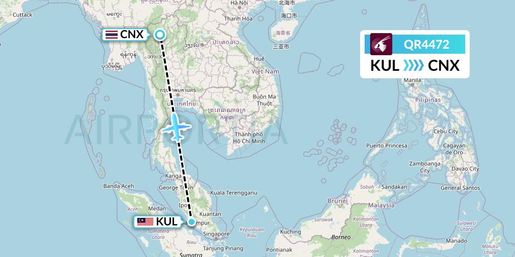 QR4472 Qatar Airways Flight Map: Kuala Lumpur to Chiang Mai